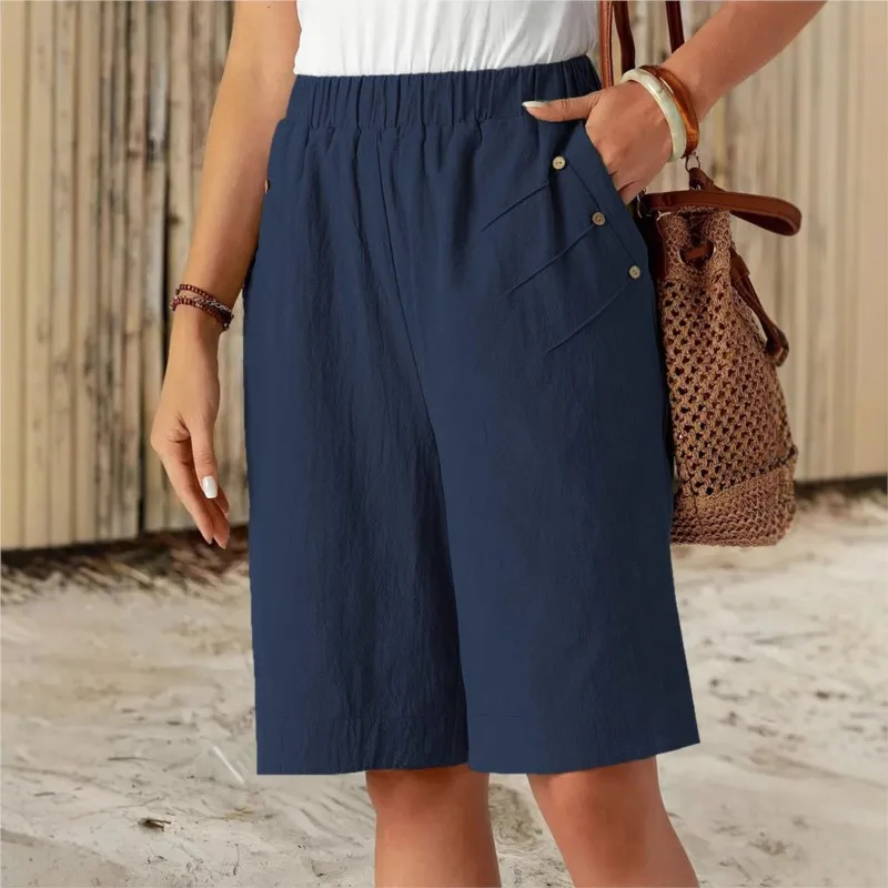 Women's Pants Elastic Waist Pocket Quarter Pants Women's Beach Vacation Spring And Summer New Straight Solid Color Casual Shorts