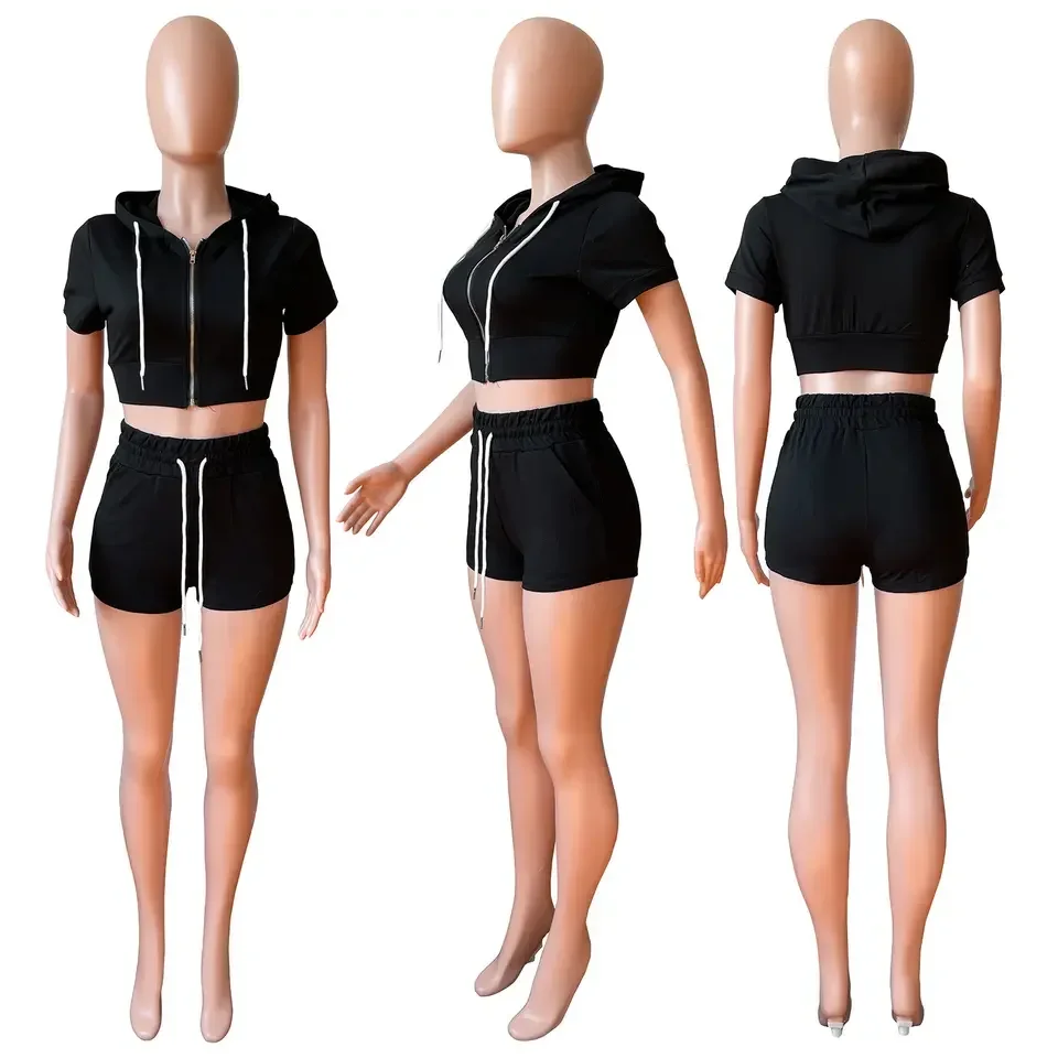 Crop Top Hoodie Short Set Sweat Women Zipper Biker Short Set 2 Piece Jogger Two Piece Set Women Clothing Custom Logo Xs Summer -