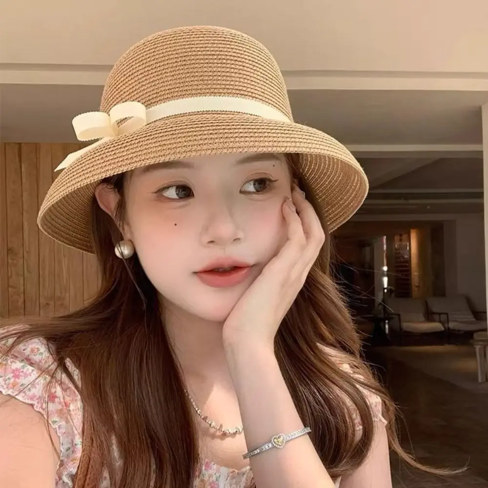 

Fashion French Bow Straw Cap Beach Vacation Bucket Sun Hat Hepburn Summer Weaving Cap Travel
