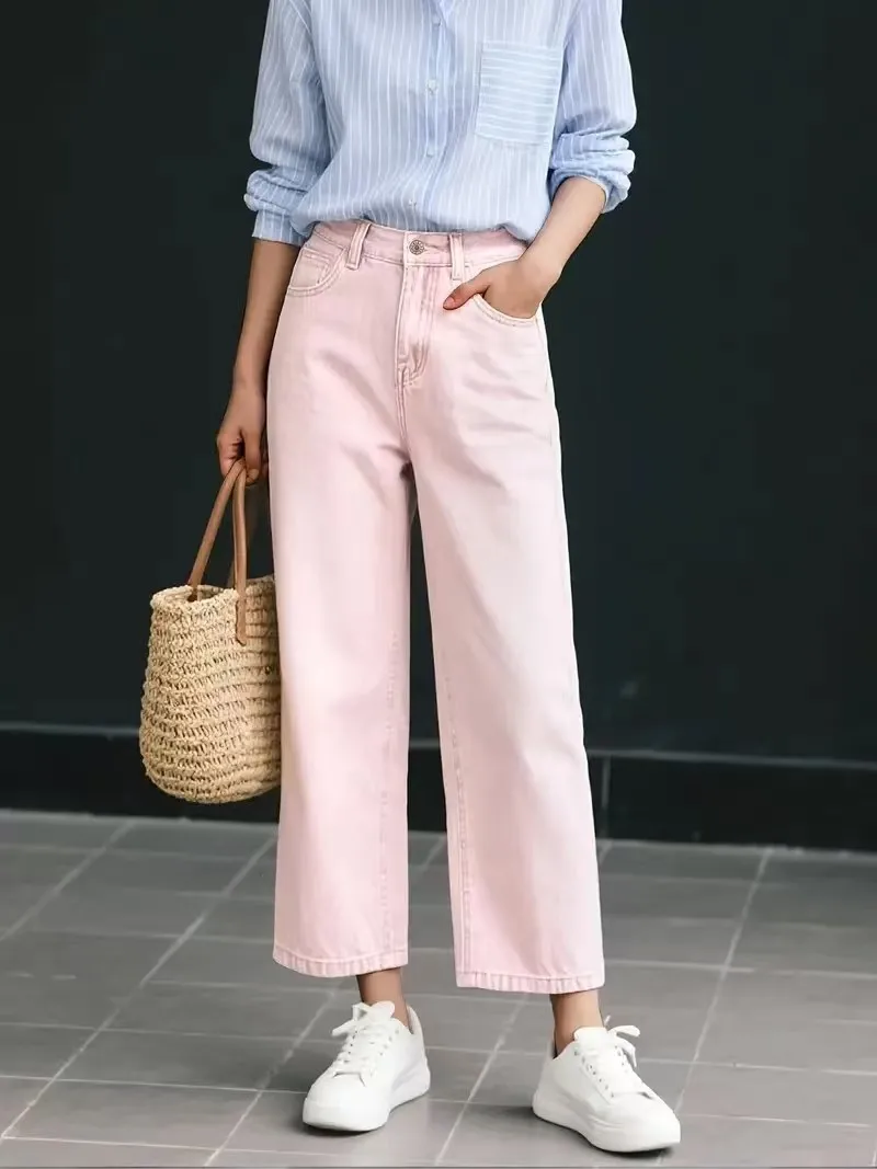 

Women's Pink Nine-Part Jeans, Straight Leg, Casual, Versatile, Slimming, Non-Stretch, Mid-Rise, Wide-Leg Denim Pants