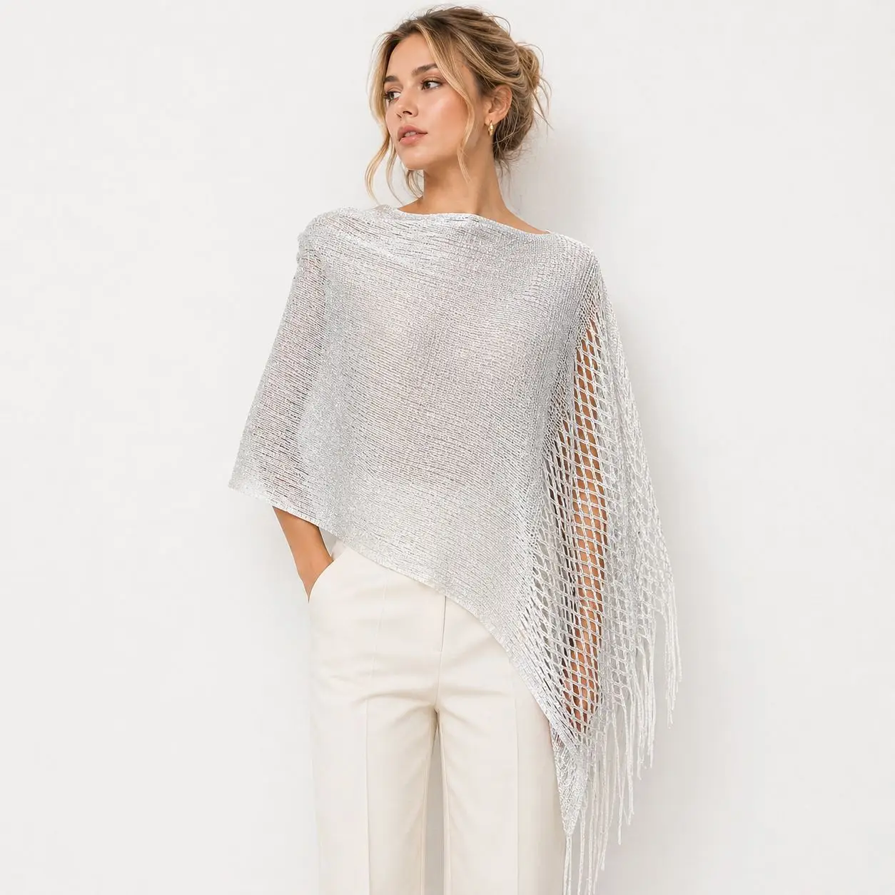 Spring/Summer Cross-Border Gold Silver Thread Mesh Tassel Hollow Knit Shawl Scarf for Women-Outerwear for Evening Parties