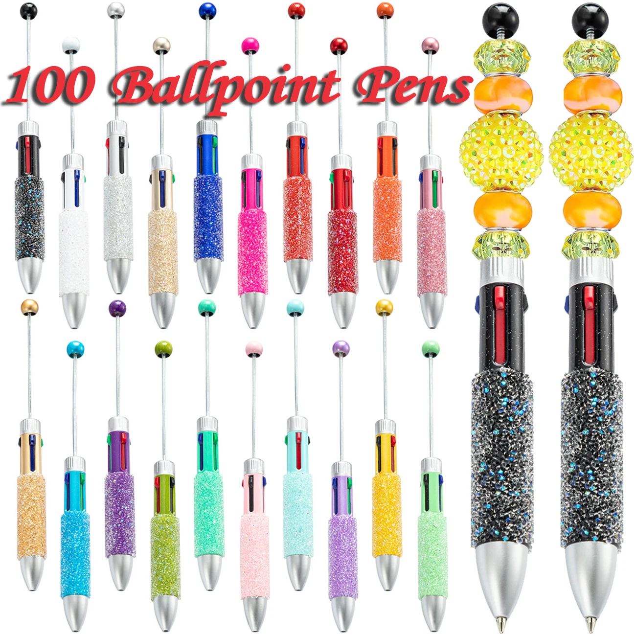 100Pcs New DIY Full Star Beaded Four-color Ballpoint Pens Cute Student Multi-color Beaded Pen Press Plastic Pen