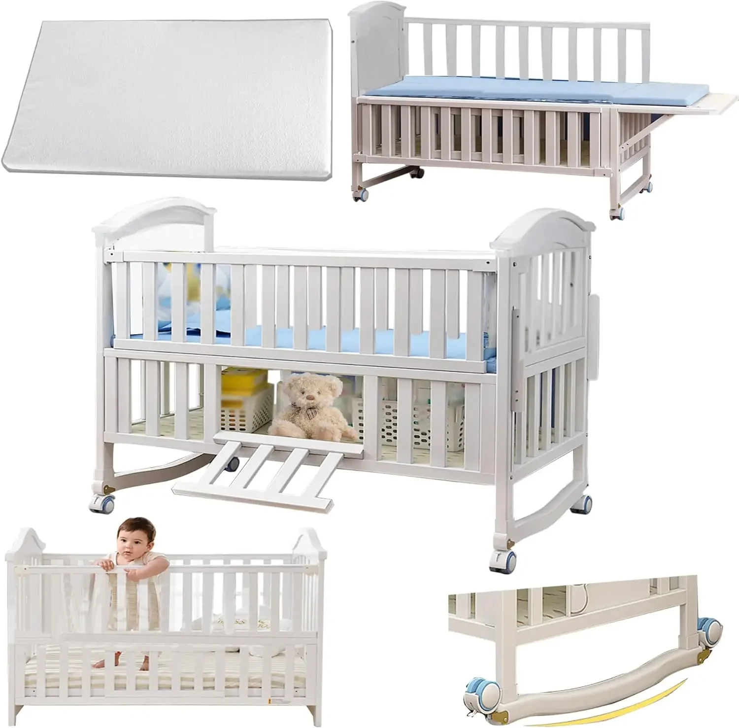 Nowa Najlepsza Oferta Łóżeczko Dziecięce Drewniane 6 w 1 z Regulowaną Wysokością, Łóżeczko z Litego Drewna z Materacem Palmowym i Zestawem Pościeli