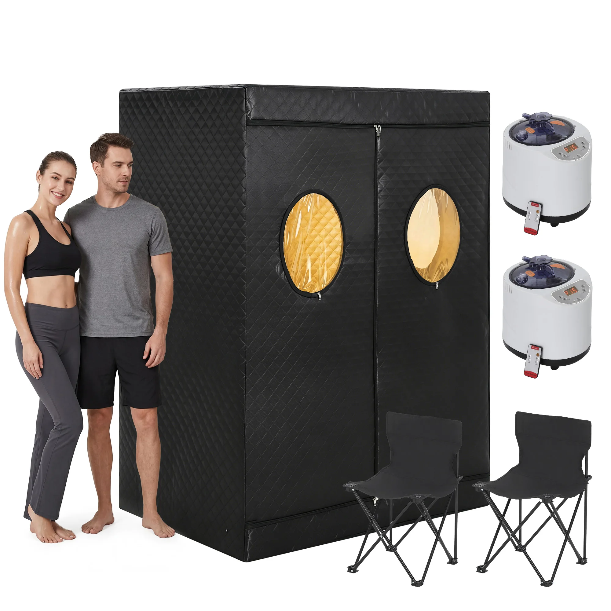 2-Person Portable Steam Sauna Tent with Dual 1400W 3L Steam Generators, 5-Layer Insulated Waterproof Fabric, Auto Shutoff Timer, Includes 2 Collapsible Chairs, Indoor Home Spa