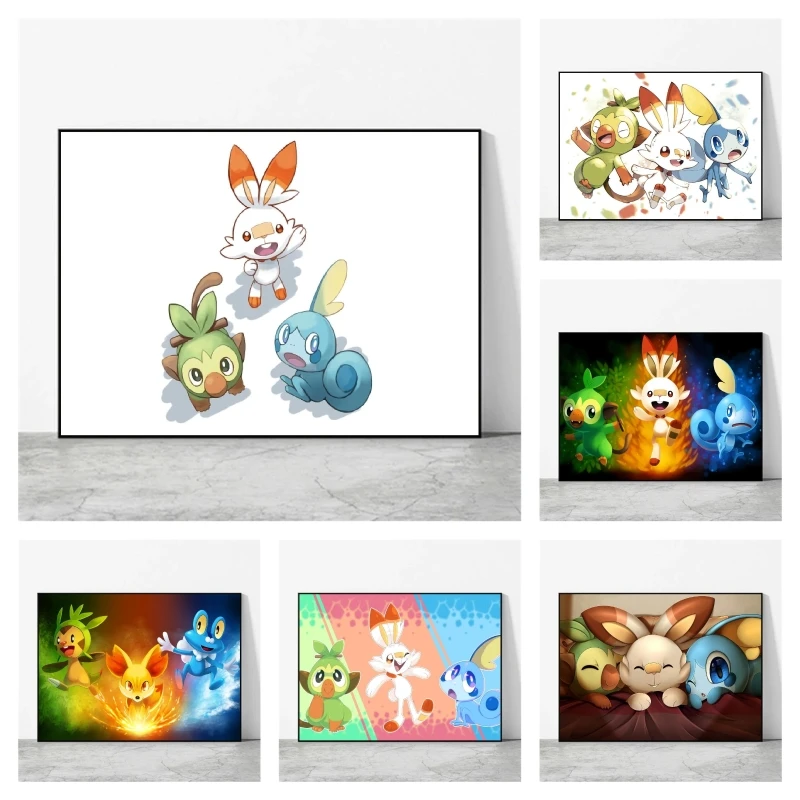 Classico giapponese Anime Pokemon Scorbunny Sobble Grookey Poster Giocattoli Decorazione Dipinti Amici Regali Soggiorno Wall Art