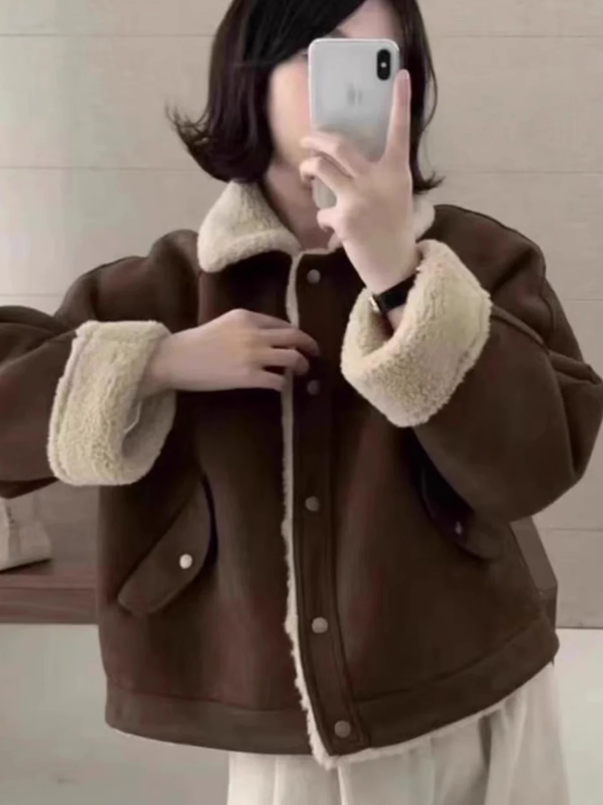 

Korean Sle Lamb Fur Jaet Women's Winter Fce Lined Biker Outerwear Super Cute Trendy Cotton Coat Overalls