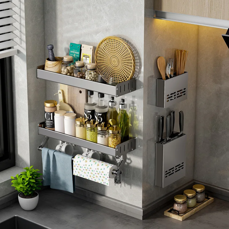 

Wall Spice Door Wall Mounted Spice Rack Kitchen Cupboard Carbon Steel Seasoning Storage Shelf Condiment Container Rack Kitchen