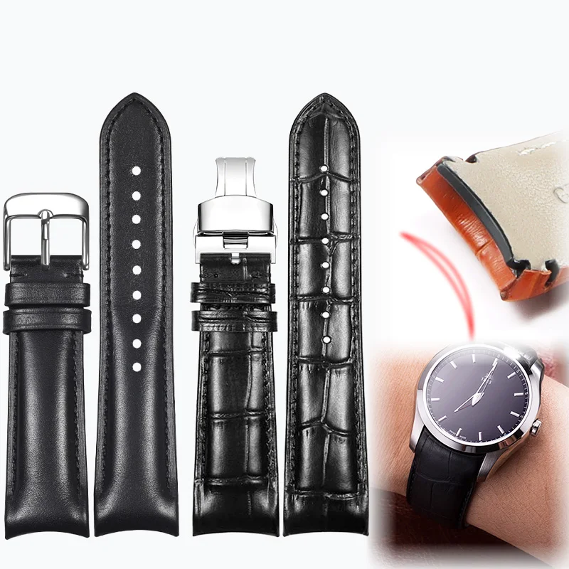Arc Curved End Bracelet Cowhide Genuine Leather Strap 20mm 22mm for Citizen BL8001-01A Tissot Omega Seiko Universal Watch Band