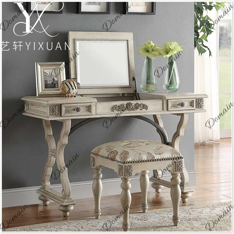 American Country Solid Wood Carved Dressing Table White Ash Small Space Vintage Flip Mirror Vanity