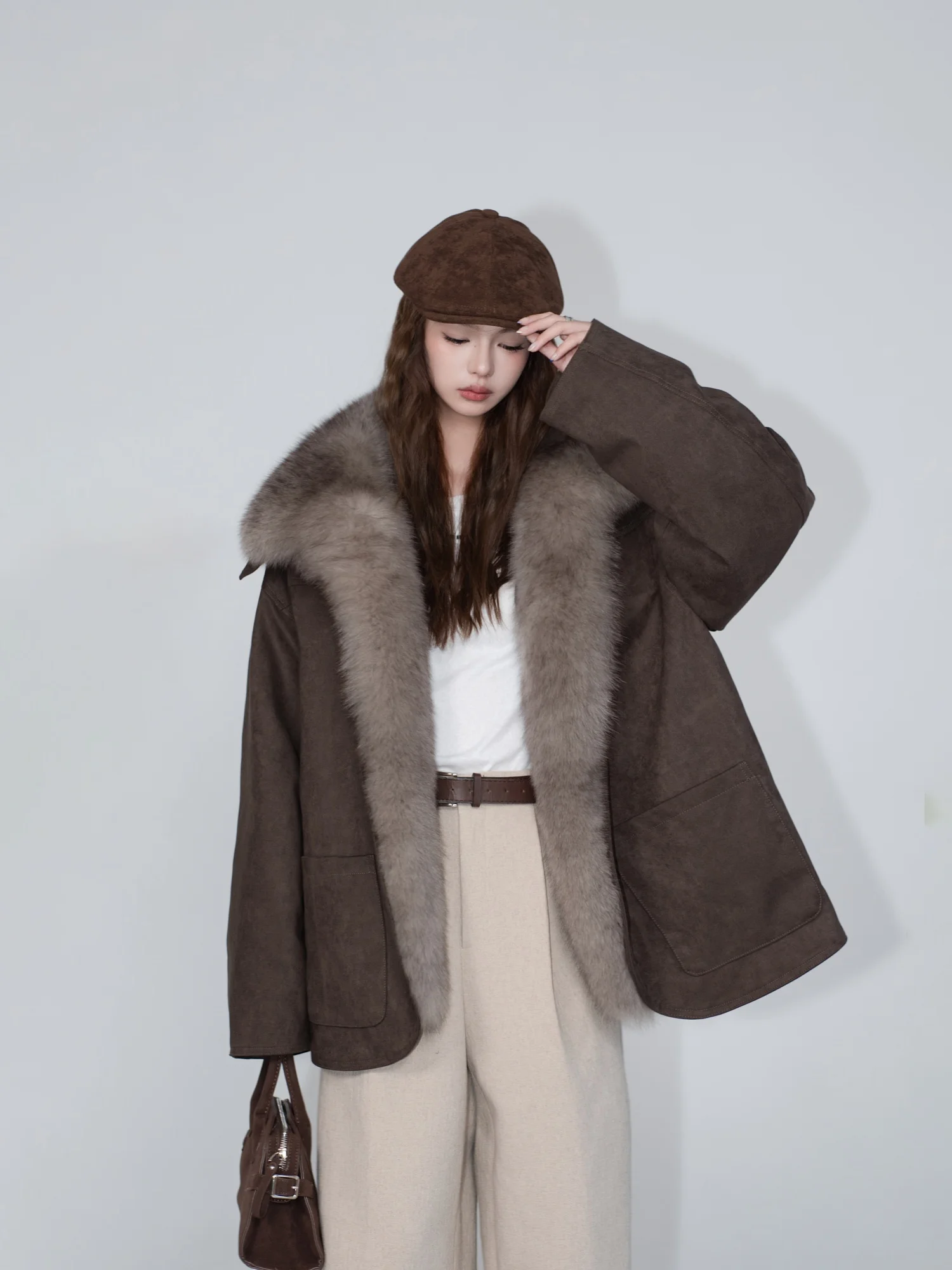 

Мока-парка, пальто с меховым воротником, съемная замша, наполненный гусиным пухом, женская свободная посадка, длинная све, чистая посадка, осенняя одежда