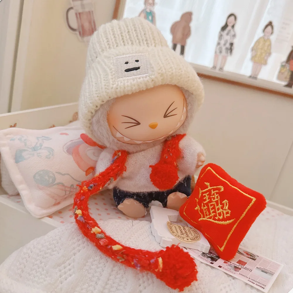 Mini Doll'S Clothes Outfit Accessories for Labubu 15-17cm Cotton Doll White Sweater Red Scarf New Year Pants Clothes Gift