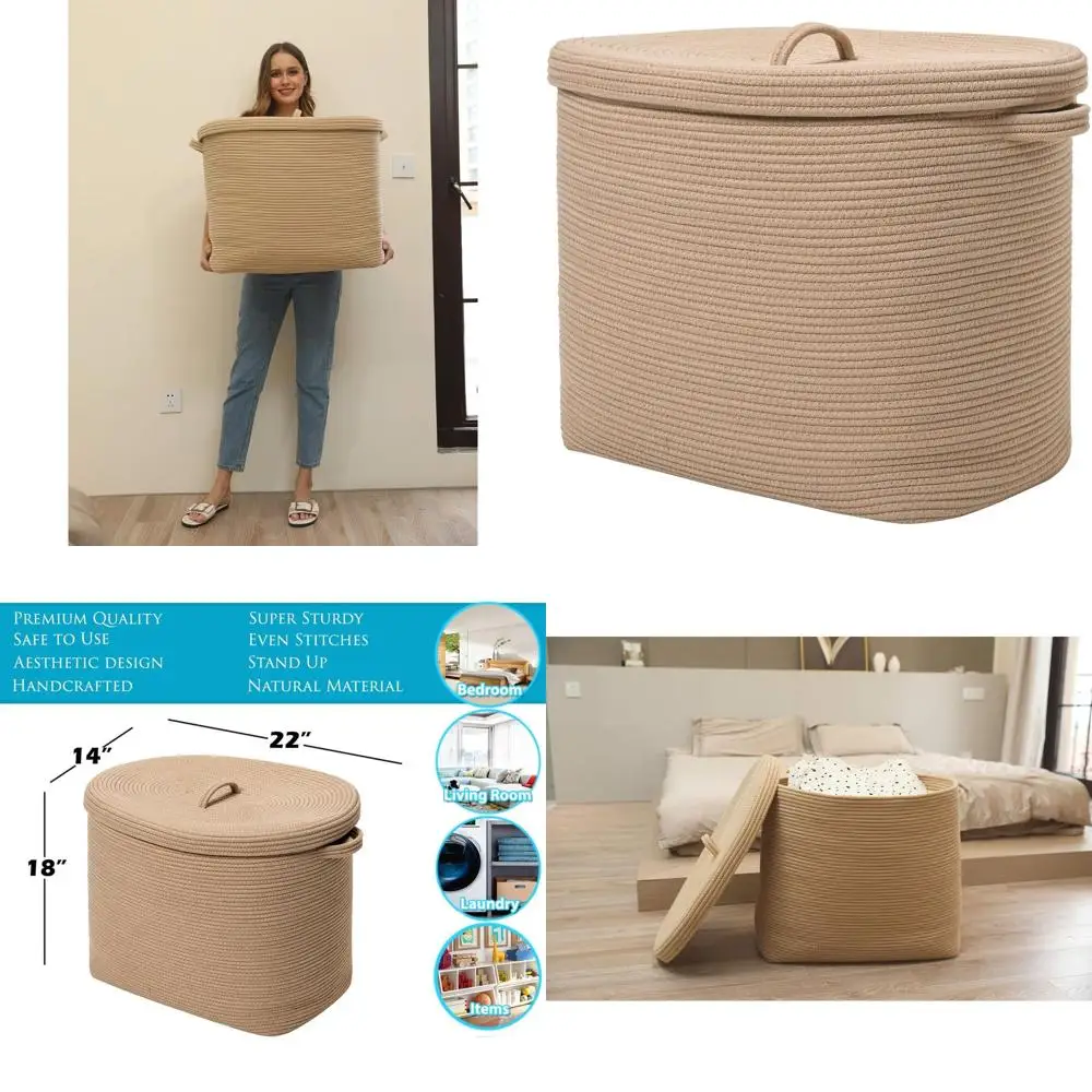 

Extra Large Rectangular Storage Basket with Lid, Cotton Rope Laundry Hamper, Beige Cloth Bin for Clothes, Towels, and Blankets
