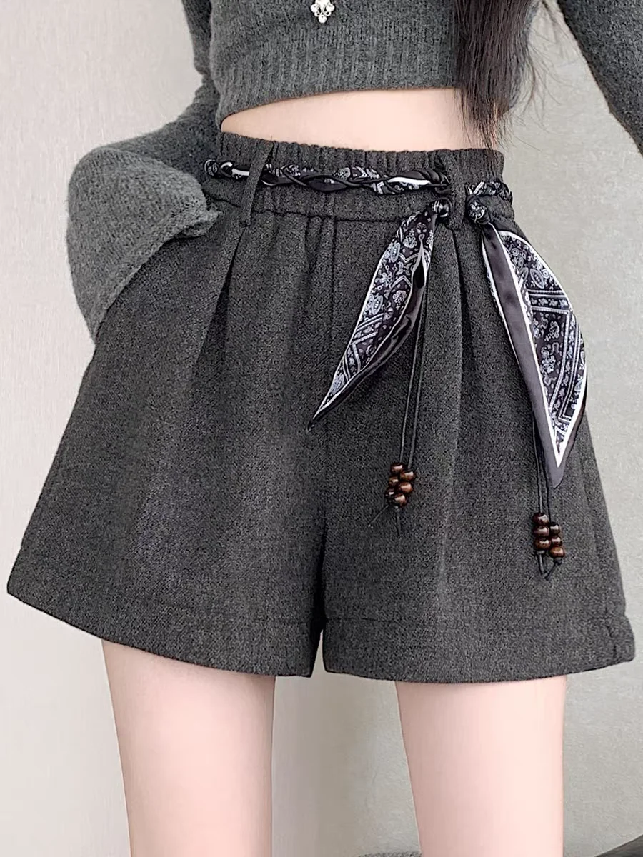 Outono inverno shorts cinza grosso cintura alta elástica a linha shorts de perna larga para mulheres pequenas, shorts de tweed de emagrecimento