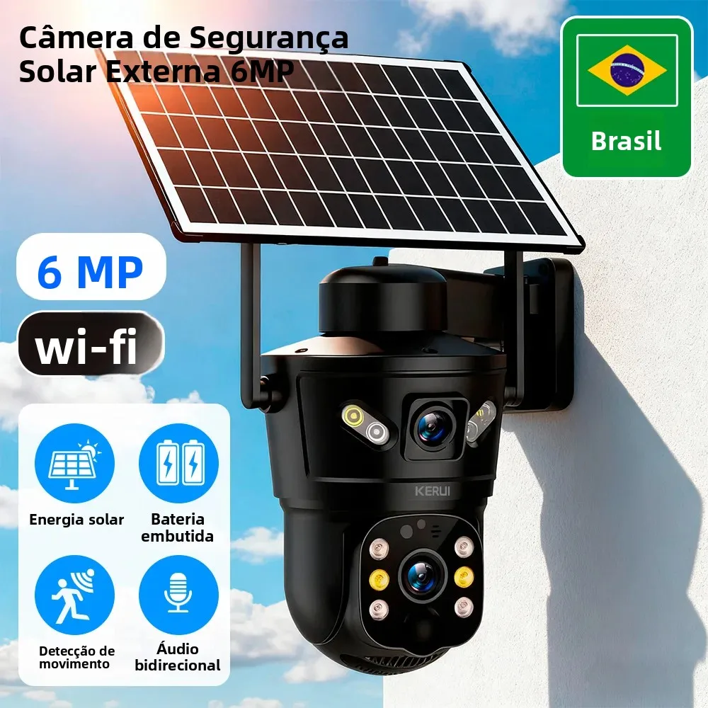 Câmera IP Solar WIFI Externa KERUI 6MP com Lente Dupla à Prova d'Água, Painel Solar para Segurança Residencial e Vigilância CCTV - Armazém Brasil