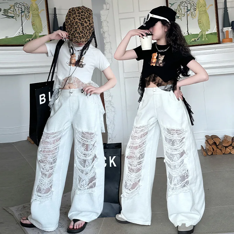 2025 design teen girl Summer Lace splicing cartoon cat T-shirt junior kid cotton irregular tops white ripped jeans child outfits
