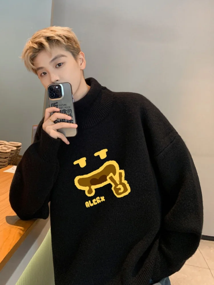 

Thickened Fleece High Collar Knitted Sweater Men's Trendy Print Innerwear Casual Loose Fit Autumn Winter New Arrival