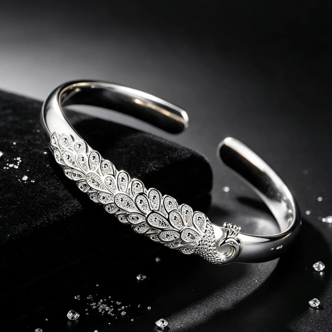 Hot popular 925 sterling silver fine Peacock opening screen bracelets Bangles for women fashion wedding jewelry Adjustable gifts