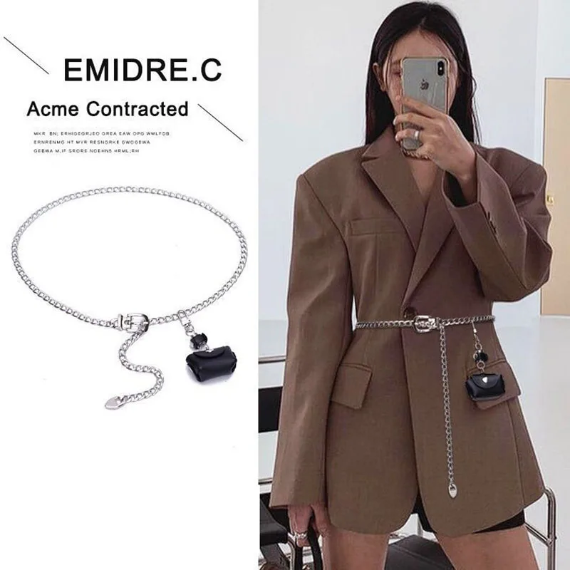 حقيبة حزام خصر بسلسلة من حجر الراين للسيدات العصرية، حقيبة خصر صغيرة من حجر الراين، حزام على شكل سلسلة، سراويل تنورة بدلة متطابقة مزخرفة #4