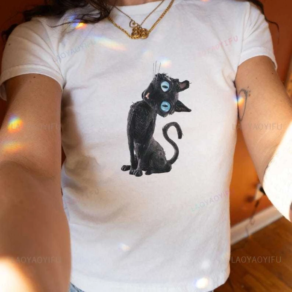 Black Cat Baby Tops Tee Shirt A Cute Cartoon Image of A Black Cat Tilting Its Head  Printed T Shirt Tops Woman Cotton Summer Tee