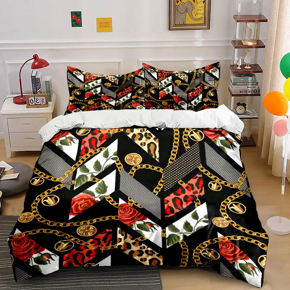 Gold Chains, Roses, and Leopard Patterns Print Bedding Set 1 Duvet Cover 2 Pillowcases for Adult and Children Luxury Gift