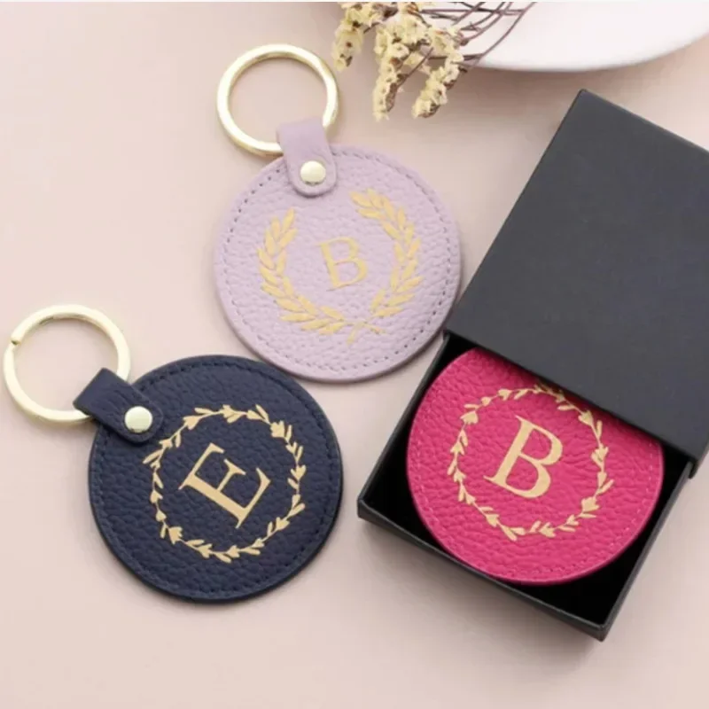 Round Lychee Patterned Custom Logo PU Leather Keychain Personalize Name Number Keyring Laser Engrave Bag Accessory Key Chain