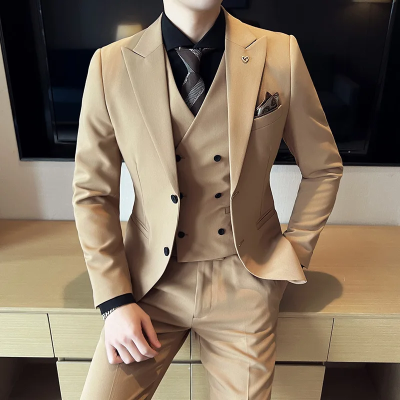 L098 Slim Korean style double button solid color light business suit wedding best man groom dress male