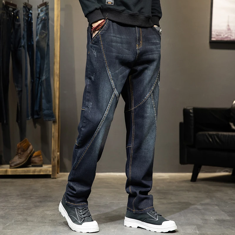 

Retro Hole Denim Jeans Men Loose Straight Leg Trendy Brand Nostaic plus Size Wide Leg Pants Long Trousers Spring Autumn