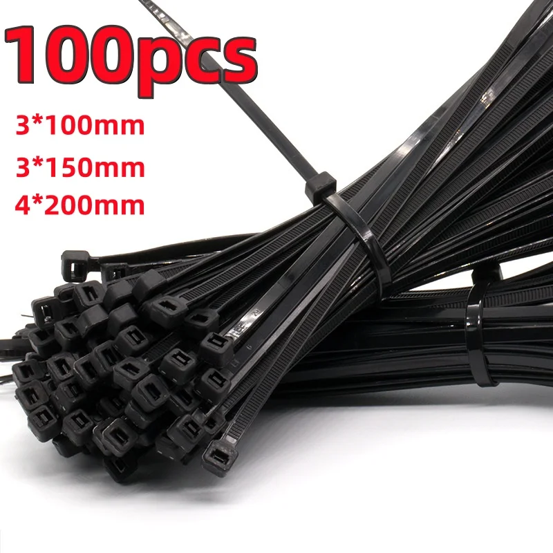 100pcs Black Cable Ties High Tensile Strength, Uv Resistant, Self-Locking For Home & Office Cord Management