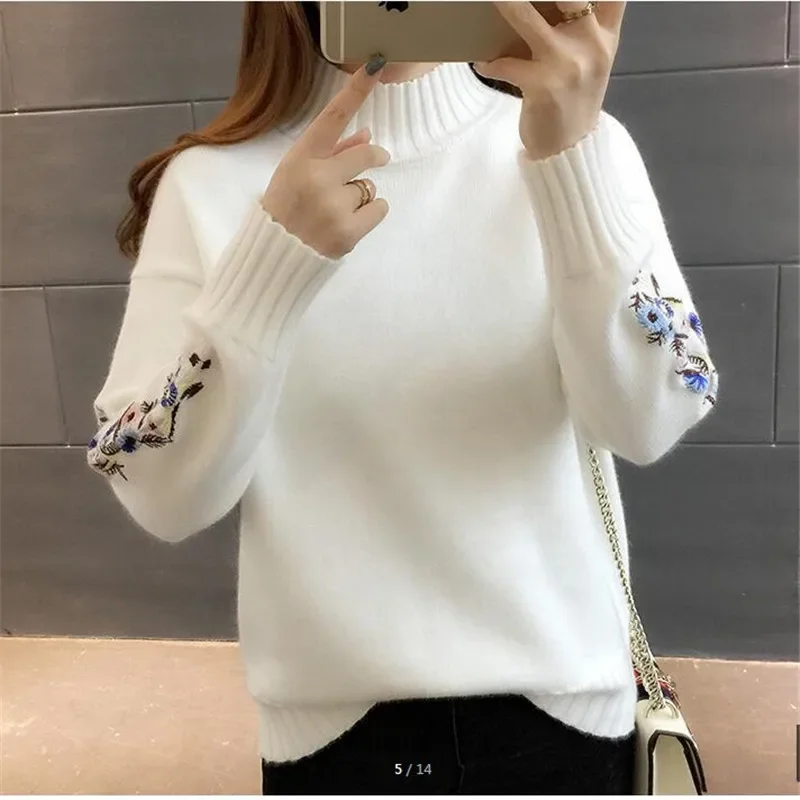 

UHYTGF Fashion Women Sweaters 2024 Autumn Winter Sweater Woman Pullovers Flower Embroidered Turtleneck Knitt Sweater Long sleeve