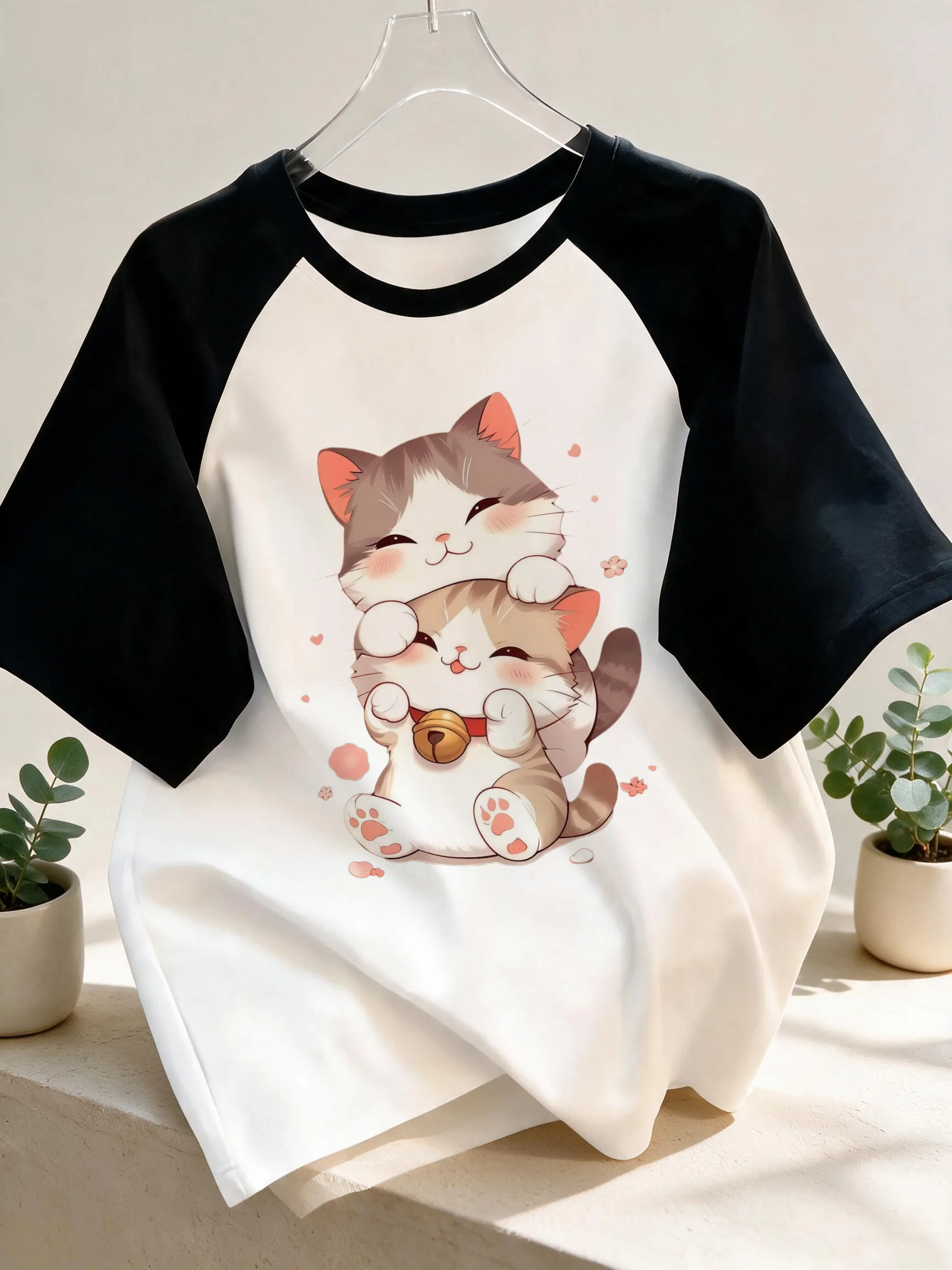 Cute Cartoon Cat Black Short Sleeve Printed T-shirt Casual Crew Neck Tees Tops All Seasons Graphic T Shirt 90s Women's Outfit