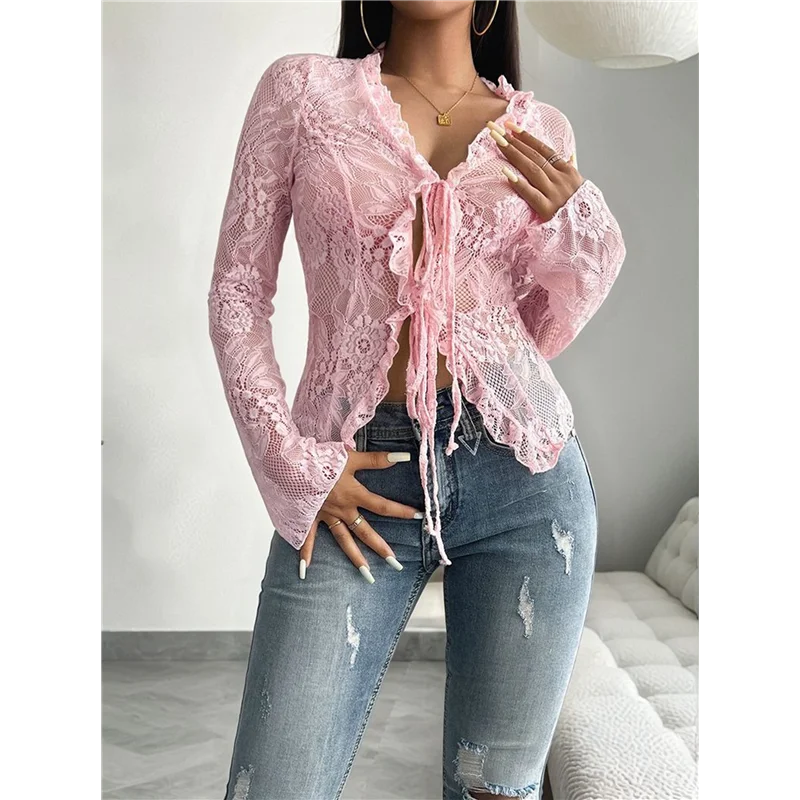 AOAO-haut transparent en dentelle pour femmes, col en V, maille transparente, chemises ouvertes sur le devant, chemisiers à manches longues, hauts de sortie Y2k