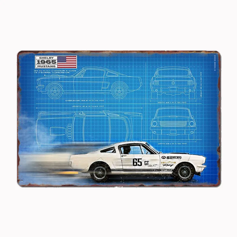

Shelby Mustang 350GT Blueprint Race Car Racer Retro Metal Sign Poster Garage Indoor Room Decor Club Tin Home Wall Decor