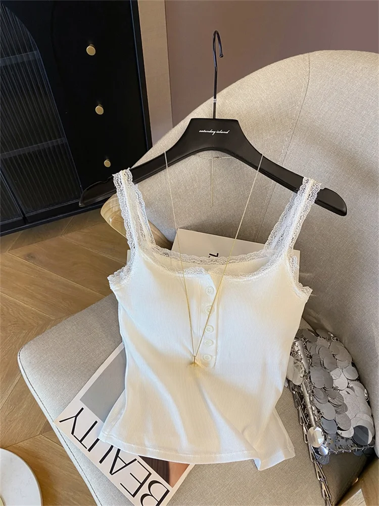 

White Gentle Ruffle Trim Csole Tank Top Women's Summer New Inner Wear Svel Base irt with Chest Pad Outerwear