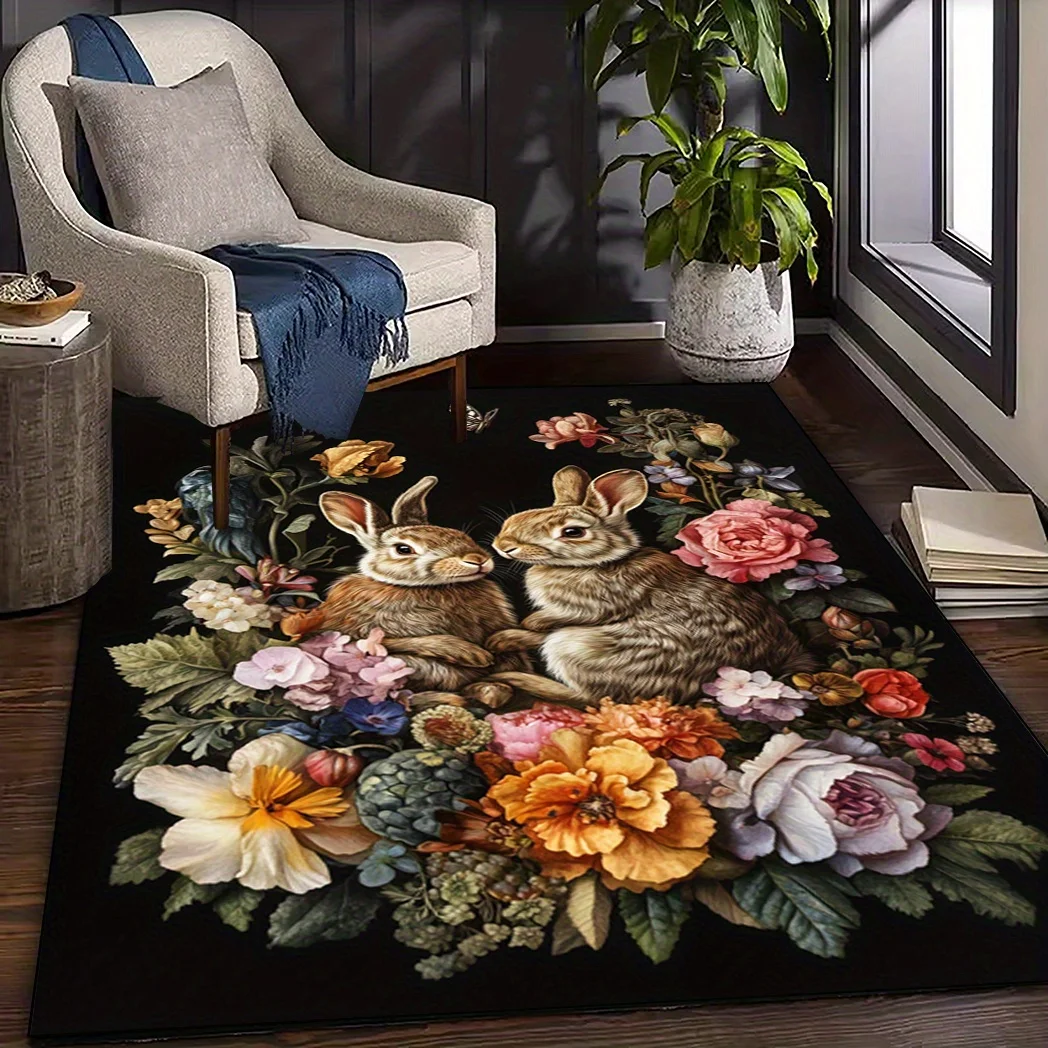 VIKAMA Living Room Home Rug Dark Cottagecore Rabbit Wildlife Colorful Vintage Floral Foliage Pattern Anti‑Slip Indoor Floor Mat