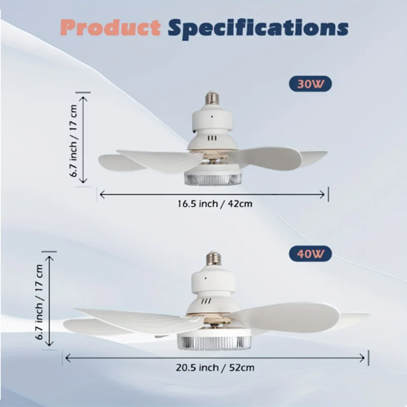 Modern small E27 screw fan light lighting remote control smart silent LED ceiling fan bedroom kitchen toilet 40W Indoor lighting