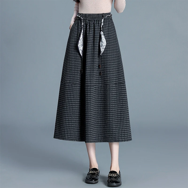 

Юбка миди А-силуэта в клетку для женщин, весна-осень, новая, с завышенной талией, юбка-блумер, стройнящая фигуру, для полных женщин, в корейском стиле