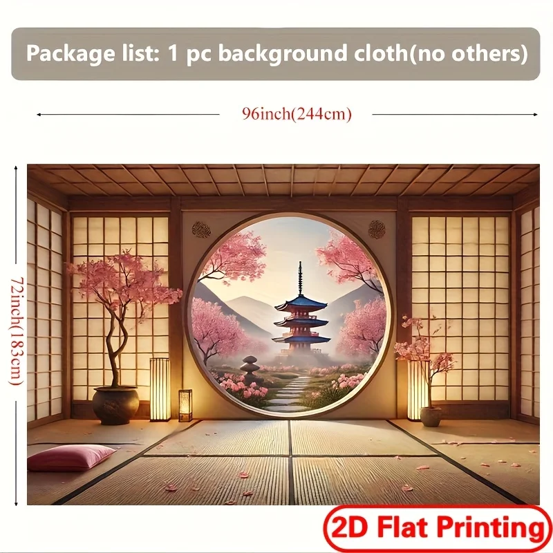 1pc Japanese Zen Garden Tapestry 2D Flat Wall Hanging Cherry Blossom Pagoda Decor for Living Room Bedroom Art Fabric Poster