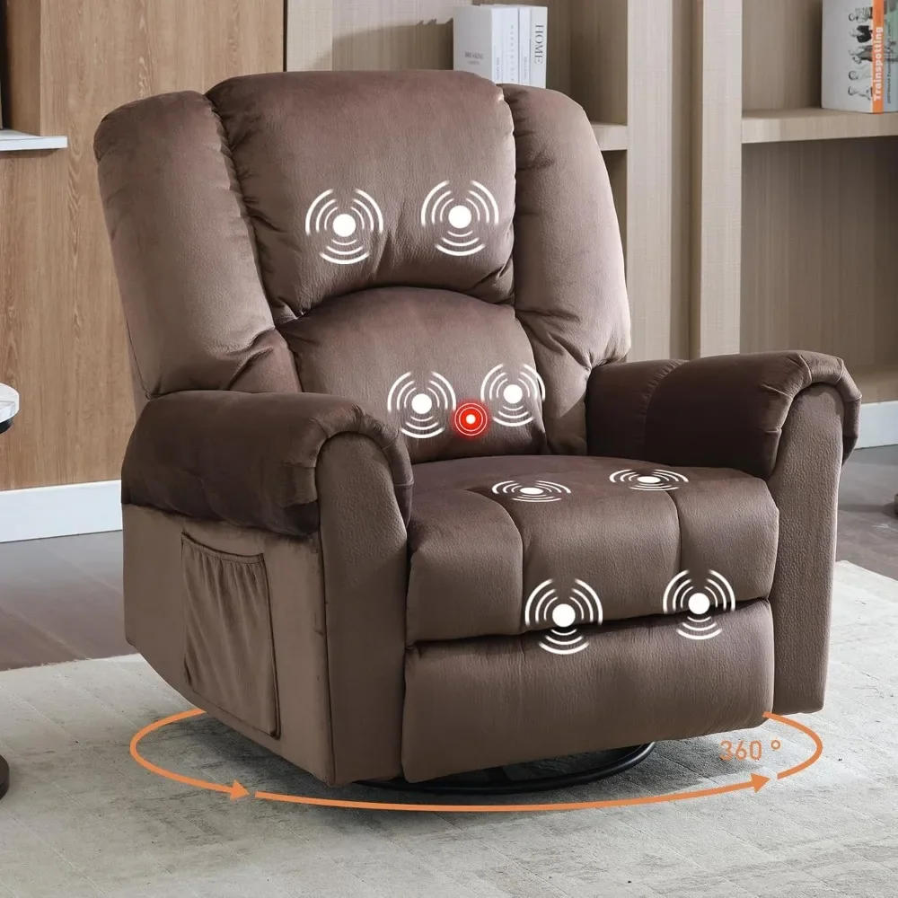 Rocking Swivel Recliner Chair with Massage and Heat, Oversized Soft Short Plush 360° Swivel Rocker Recliners with Side Pockets