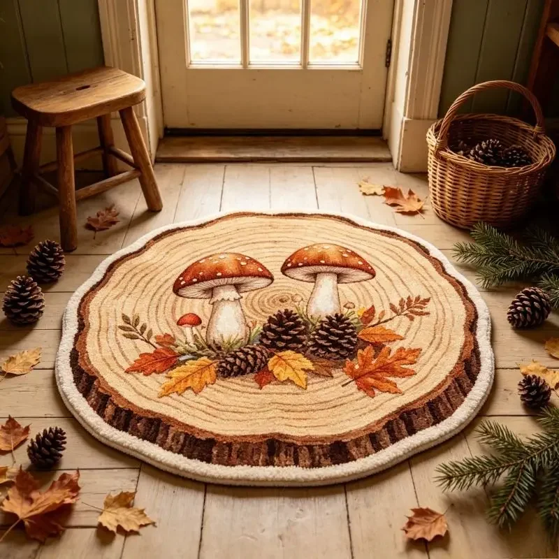 VIKAMA Tree Ring Toadstool Pine Cone Harvest Foliage Round Rug Woodland Countryside Floor Mat Room Decor Accent Stylish Soft