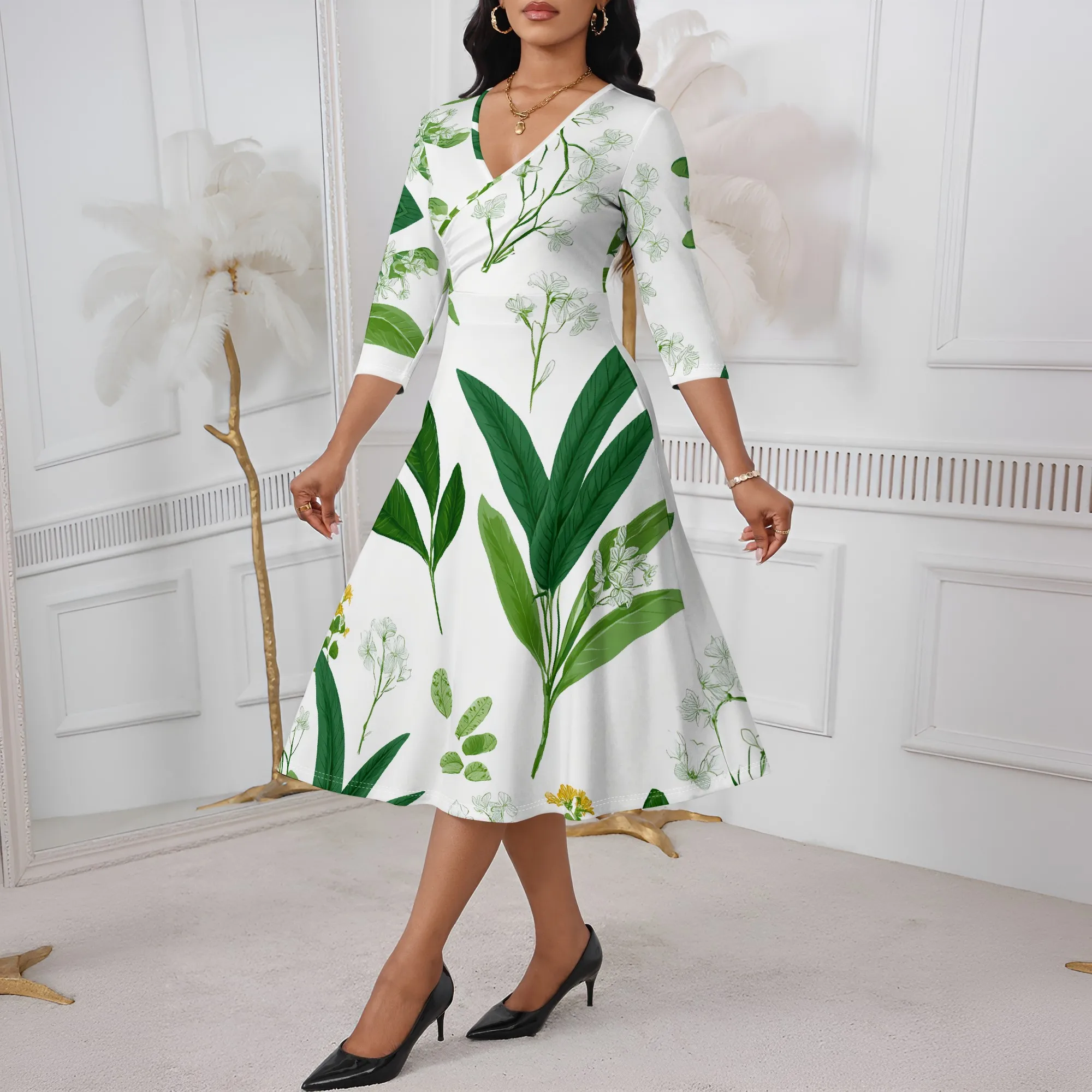 

Botanical Print Wrap Dress XS-3XL V-Neck A-Line 3/4 Sleeve Midi Style for Garden Tour, Church or Mother's Day Look