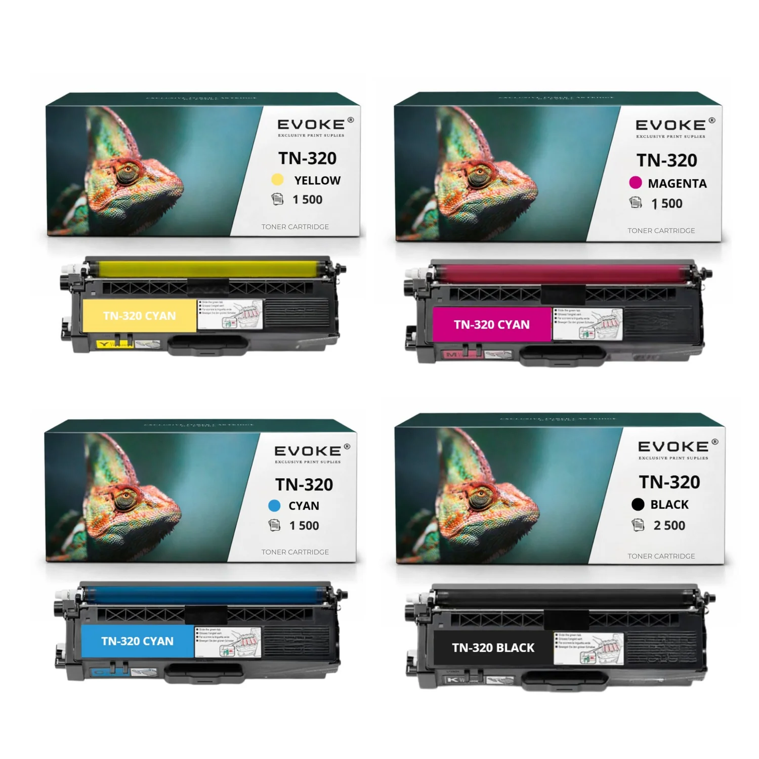 Evoke compatibele toner voor Brother Tn-320 Tn320 4X Cmyk: Zwart, Cyaan, Magenta, Geel 7000 pagina's Dcp-9055Cdn 9270Cdn; Hl-4140Cn 4150Cdn 4570Cdw 4570Cdwt; Mfc-9460Cdn 9465Cdn 9970Cdw