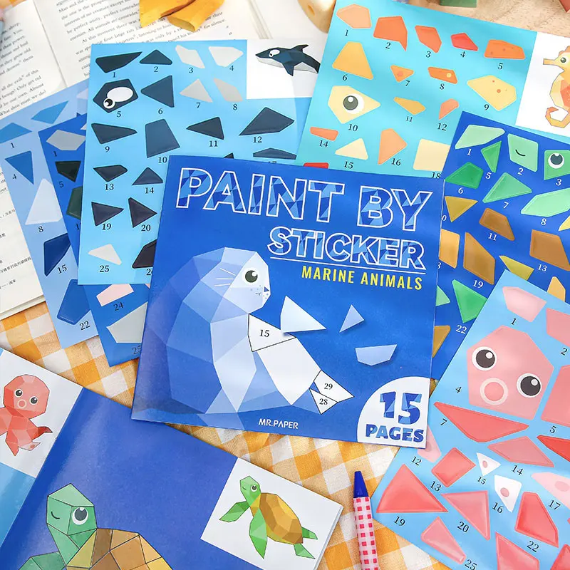 15pages/book Stickers Puzzle Fun Cute Dinosaur Whale Sea Horse Octopus Marine Animal Pattern DIY Personnalise Collage Stickers