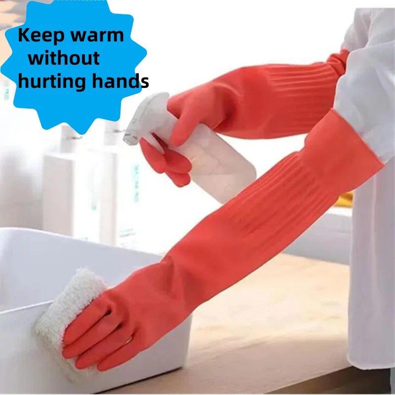 Extended versionRed Gloves Washing Dishes Cleaning Waterproof Rubber Sleeve Gloves Latex Long thicken Gloves Kitchen Tool