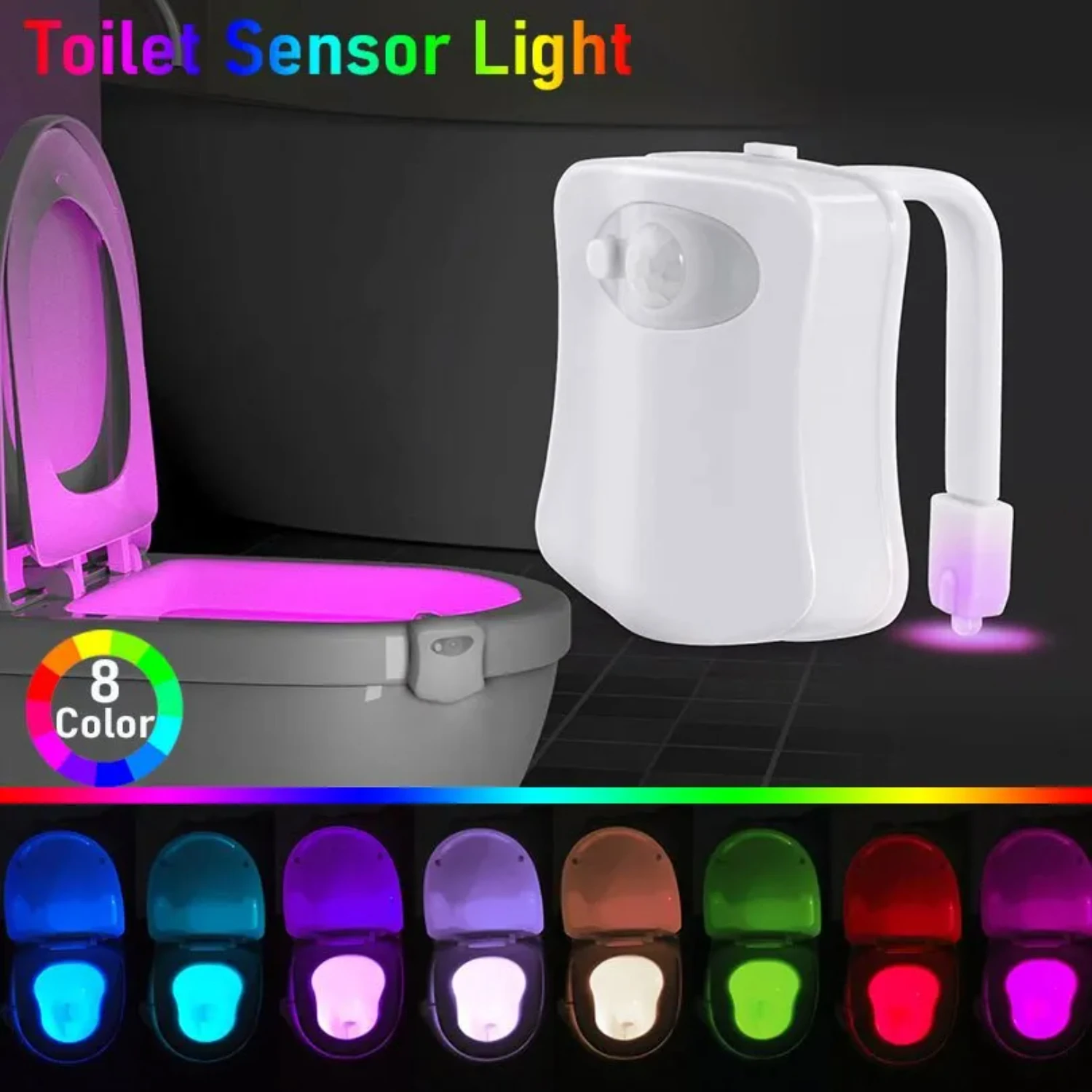 Luz LED nocturna con Sensor de movimiento para inodoro, lámpara de noche para lavabo, iluminación para cuencos, 8 colores, novedad