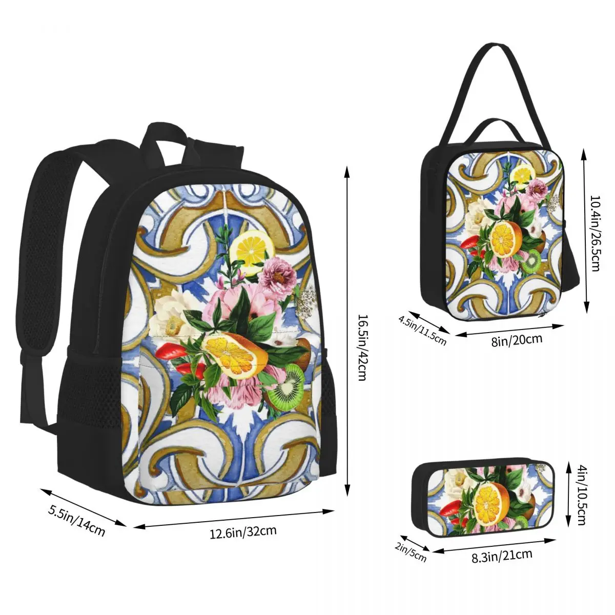 Sicilian Tiles,Mediterranean,Mosaic,Lemons Backpacks Bookbag School Bags Kids Rucksack Lunch Bag Pen Bag Three-Piece Set