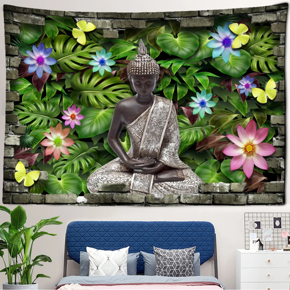 Indian Bohemia Religious Buddha Statue Print Pattern Tapestry Home Living Room Bedroom Wall Decor Background Cloth