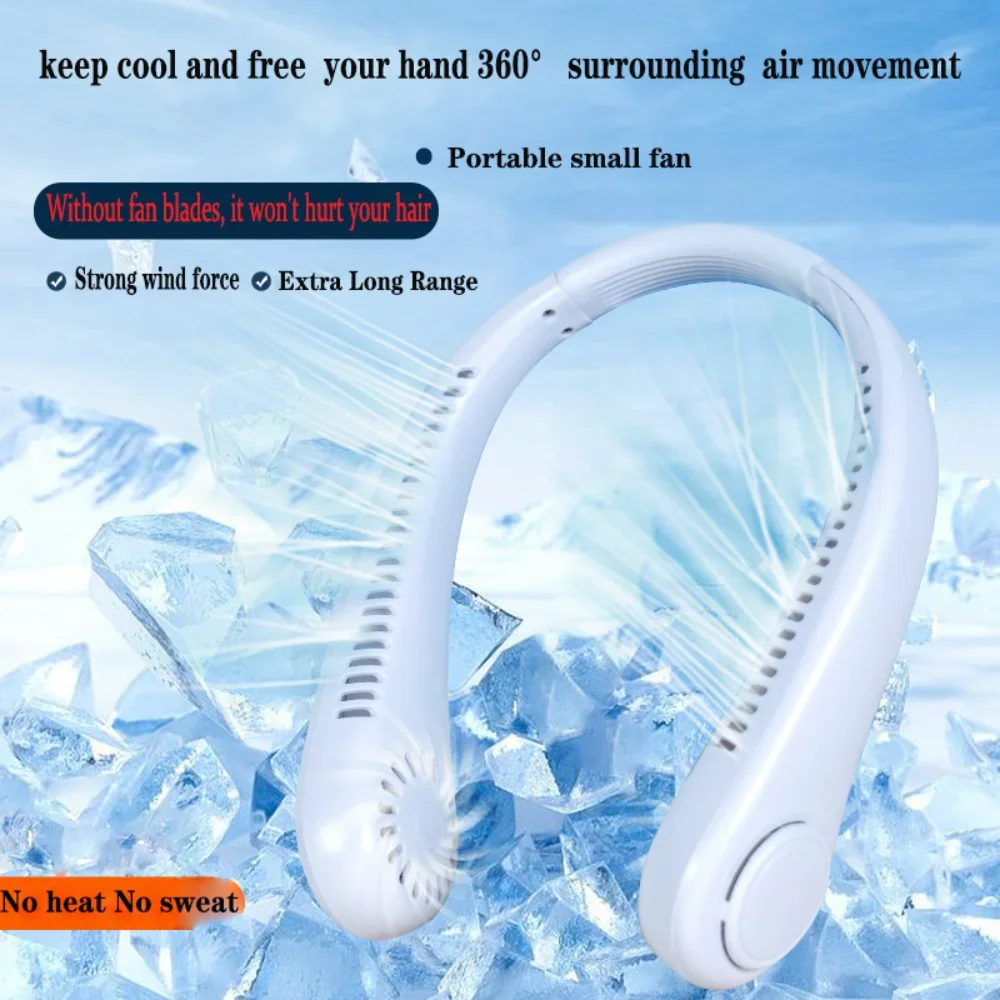 

2024 1200mAh New Mini Neck Mounted Fan Portable Bladeless Neck Rechargeable Air Cooler 3 Speed Mini Summer Sports Fan Outdoor