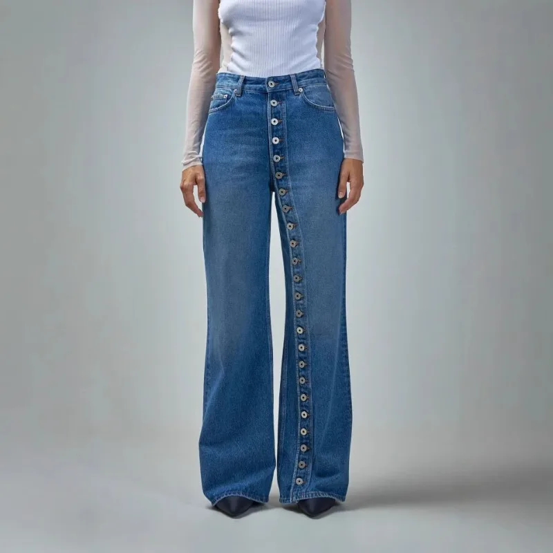 European and American  Retro Washed High Street Personalized Jeans Women's Autumn New Design Sense Single-breasted Straight Tube