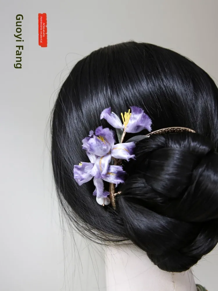 オリジナルデザイン高級ベルベットフラワーヘアコーム　おしゃれで上品なアイリス柄ヘアアクセサリー　伝統工芸シルク素材