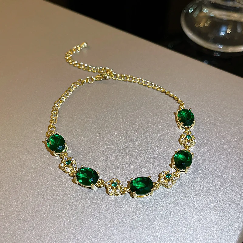 UILZ Light Luxury Green Crystal Bracelets For Women Fashion Plum Blossom Micro Paved Zircon Bracelet Wedding Jewelry